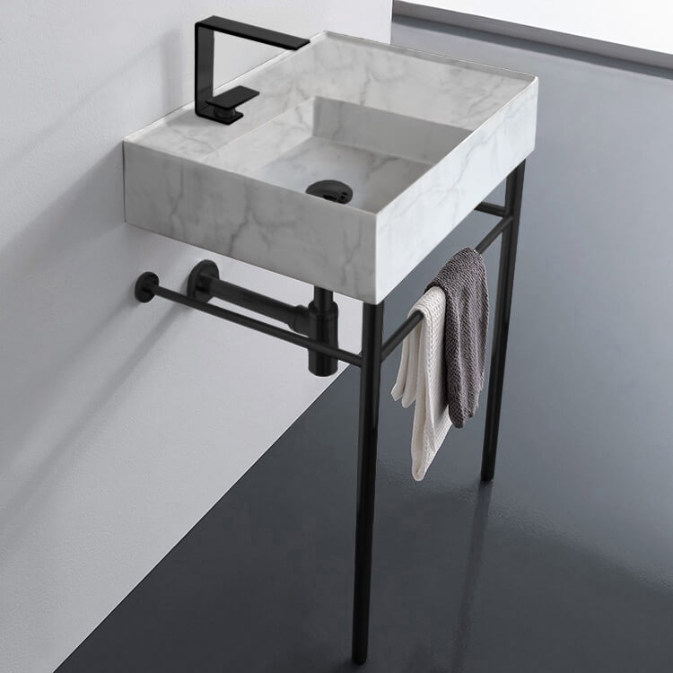 Scarabeo 5114-F-CON-BLK Marble Design Ceramic Console Sink and Matte Black Stand
